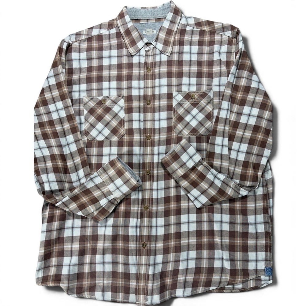 J. Peterman Mens XL Brown White Plaid Cotton Flannel Button Down Shirt Lined